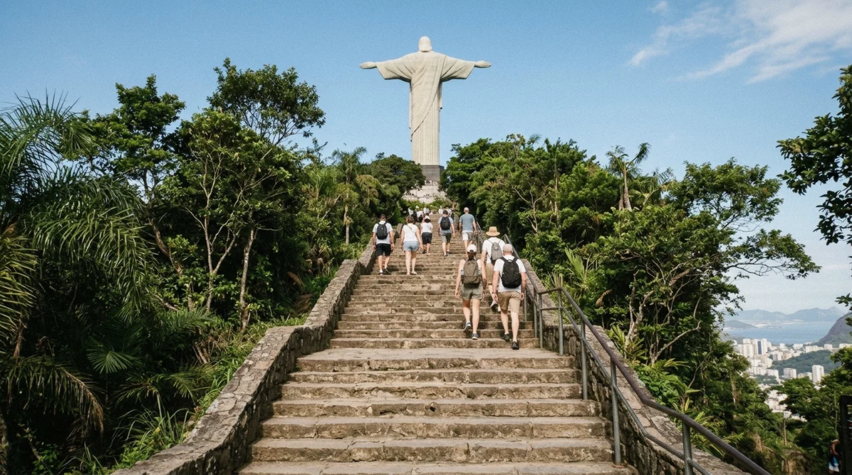 Visitors arriving at the plateau below Christ the Redeemer after the train ride up Corcovado