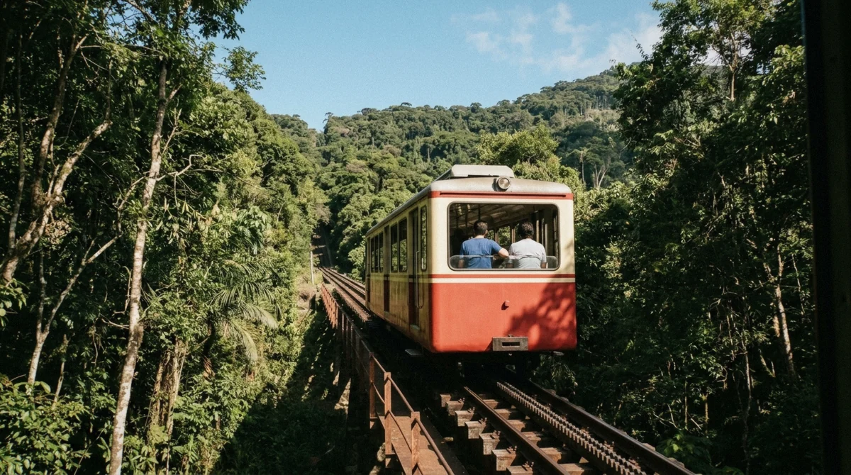 Cog train arriving at the Cosme Velho station on the way up to Christ the Redeemer in Rio de Janeiro