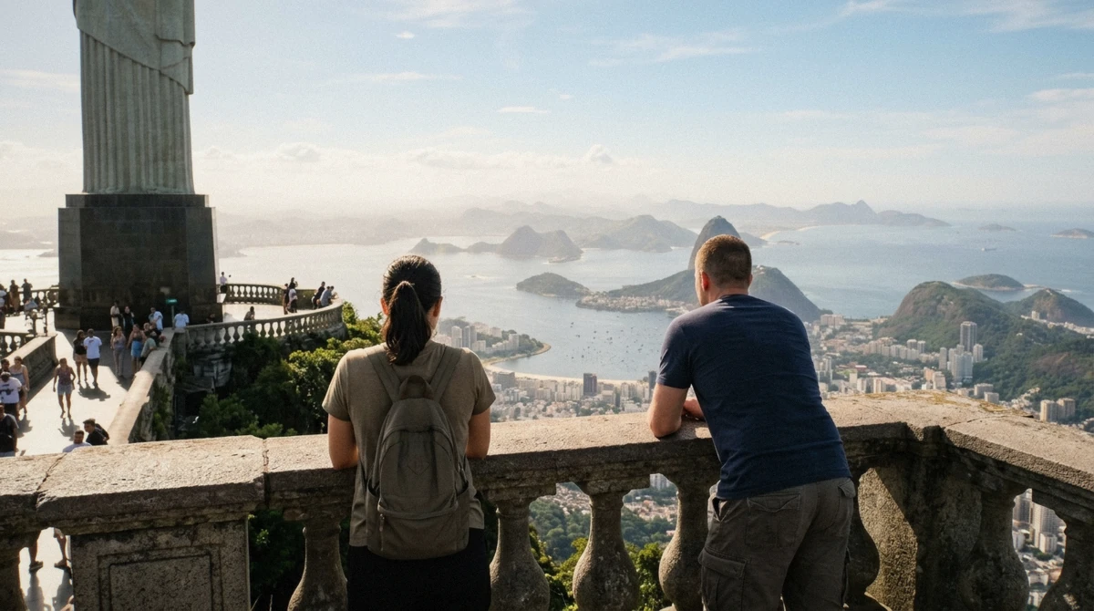 Visitors watching the sunrise light hit Christ the Redeemer during the best time to visit the statue